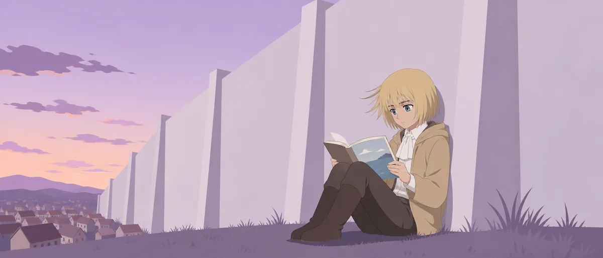 シガンシナ区の城壁に背を預け、膝を抱えて一冊の本を読む幼いアルミン。夕暮れの風が彼の金髪を撫で、頁の端を微かに捲る。開かれたページには見たことのない海の景色が広がり、彼の視線は活字のひとつひとつを辿るようにして壁の向こうの世界を想像している。