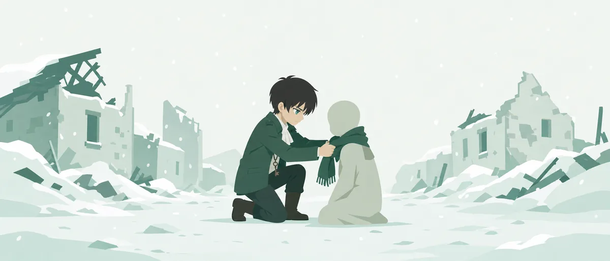 崩れた家々と降り積もる雪に覆われた街角で、震える少女の前に片膝をつく少年エレン。自らの首からマフラーを外し、無言で彼女の肩に巻きつける。その動作に一切の迷いはなく、言葉ではなく身体全体で「守る」という幼い決意を表現している——後に二人の関係の原点となる、約束の始まりの一瞬である。