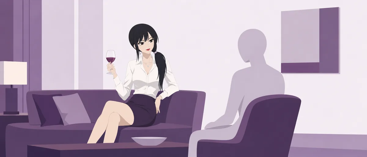 高田清美がホテルのスイートルームで、相手と向き合っている。ソファに優雅に腰かけ、ワイングラスを傾けながら、微笑みを絶やさず話に耳を傾けている。部屋の照明は柔らかく、二人の間には親密でありながら、どこか張り詰めた空気が流れている。