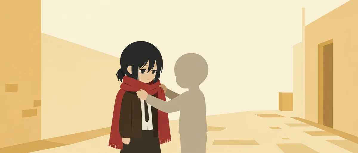 涙で目を腫らした幼いミカサが、路地裏で目の前の少年から赤いマフラーを巻かれている。彼女はその温もりに包まれながら、これが自分の新たな家族だと心に刻む瞬間。