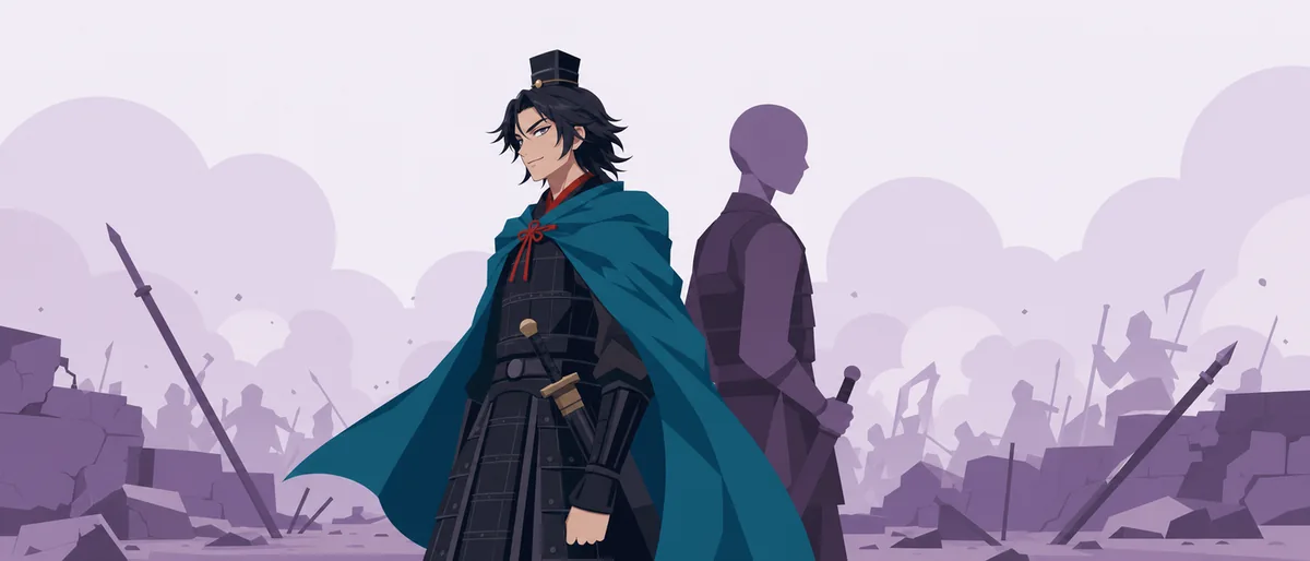 崩壊した味方の戦線。砂煙と喊声が渦巻くなか、蒙恬は一人の若い武将と背中合わせに立っている。二人の間には言葉はなく、それぞれが前方の敵を睨みつける。蒙恬の顔には焦りではなく、むしろ興奮に似た表情が浮かんでいた。