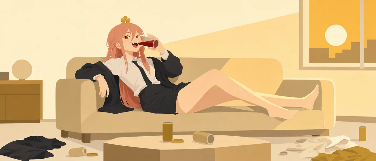 早川家のリビングでソファに寝そべったパワーがコップの血を喉を鳴らして飲み干す。脱ぎ散らかした衣服や空容器が散乱し、夕日が無頓着に伸ばされた脚と無邪気な表情を照らし出す。