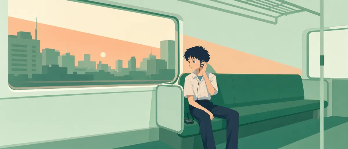 夕暮れの電車。碇シンジは車両端の席で一人、S-DATのヘッドホンを耳に当て、窓の外を眺めている。茜色の夕日が斜めに差し込み、彼の無表情な横顔を照らす。窓ガラスに流れ去る街並みが映り、車内には彼だけの静かな時間が流れている。
