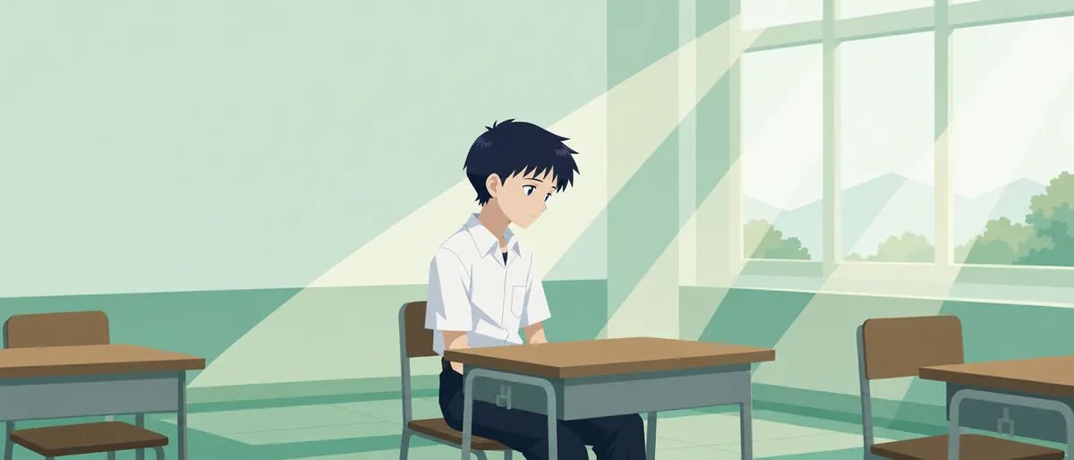 放課後の誰もいない教室。碇シンジは机に座り、どこからか聞こえてくるピアノの旋律に耳を傾けている。午後の日差しが窓から差し込み、埃の舞う空気の中に柔らかな光の筋を作る。シンジの肩の力がふと抜け、その横顔にわずかな安らぎが浮かんでいる。