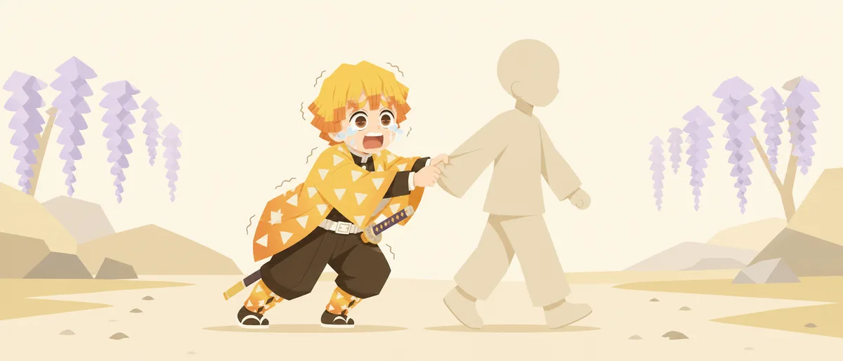 最終選別の会場。我妻善逸が恐怖に震えながら同行する少年の袖に必死にしがみつき、泣き叫んでいる。少年は落ち着いた足取りで前に進み続けている。