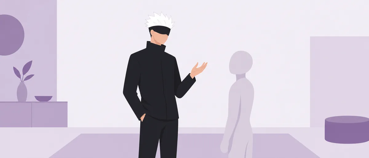 ENTP型の五条悟（討論者）が、力の抜けた姿勢で片手を上げ、向かい合う若者がそれを見上げている情景