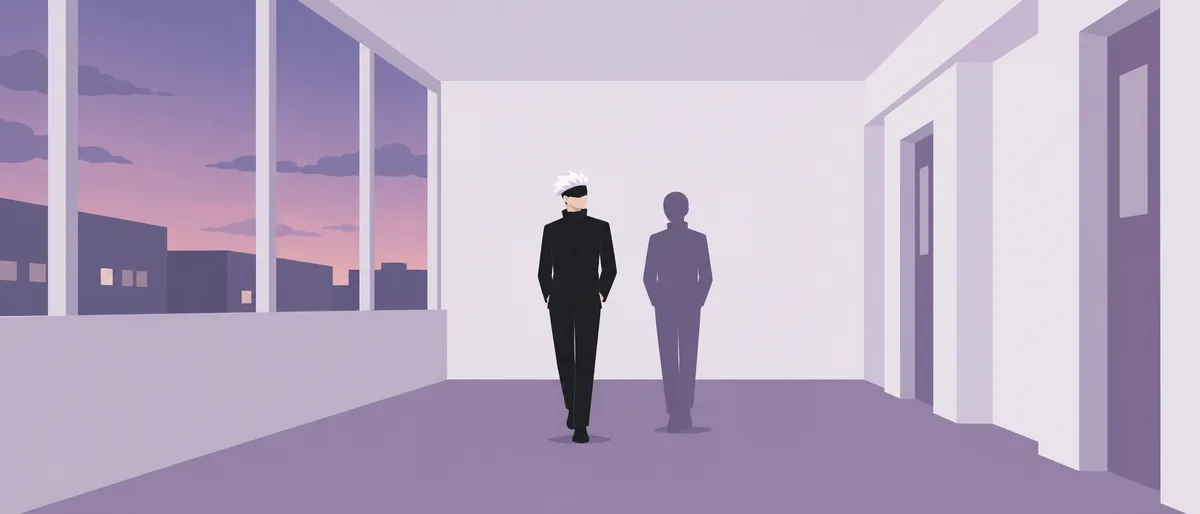 ENTP型の五条悟（討論者）が、夕暮れの校舎の廊下をもう一人と並んで歩いている情景