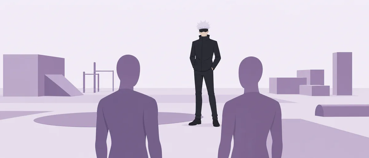 ENTP型の五条悟（討論者）が、少し離れた場所に立ち、二人の若者の後ろ姿を見守っている情景