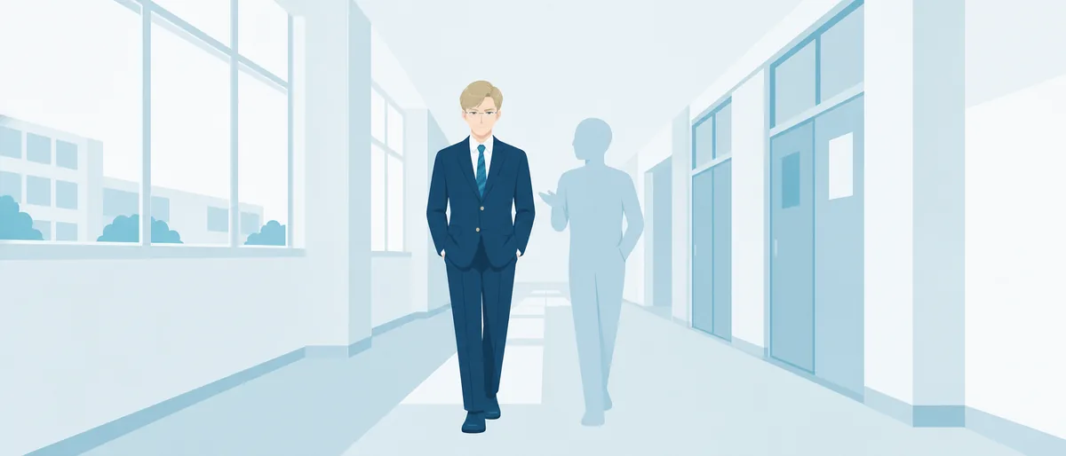 ISTJ型の七海建人（管理者）が、学生服姿で校舎の廊下を歩き、隣で誰かが笑って話しかけている情景