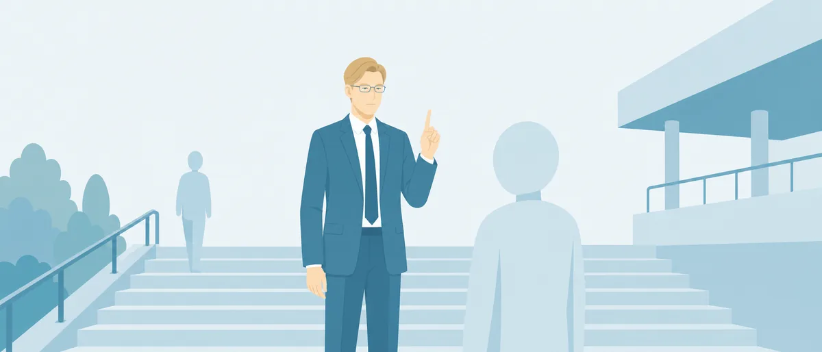 ISTJ型の七海建人（管理者）が、駅前の階段で若者に向き合い、指を立てて何かを説明している情景