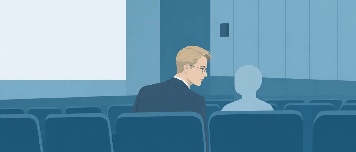 ISTJ型の七海建人（管理者）が、薄暗い映画館の座席で隣の少年に静かに話しかけている情景