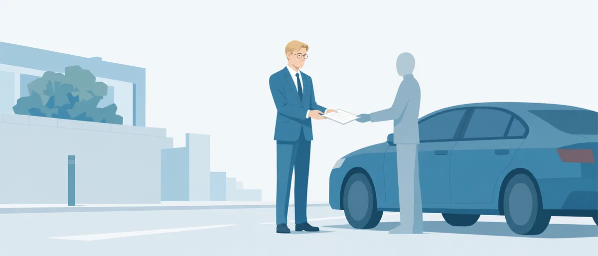 ISTJ型の七海建人（管理者）が、車の脇に立つスーツ姿の男から書類を受け取っている情景
