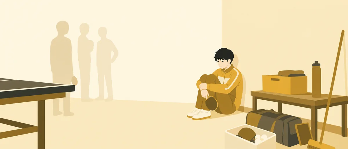 ISTP型の月本誠(巨匠)が、雑然とした部室の隅で膝を抱えて座り、誰とも目を合わせずにいる情景