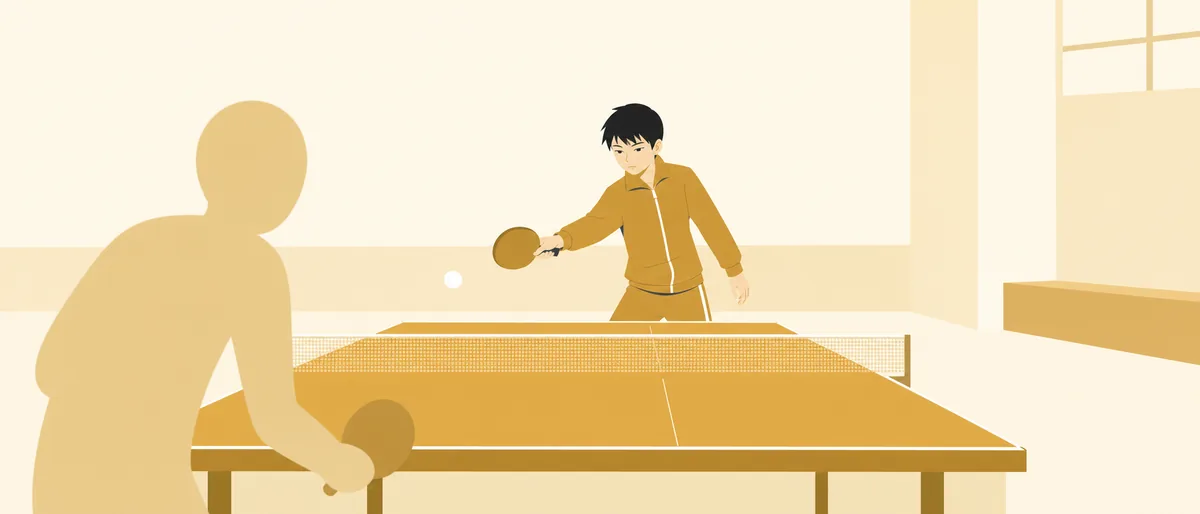 ISTP型の月本誠(巨匠)が、試合中に相手の打球へ最短の距離でラケットを差し出している情景