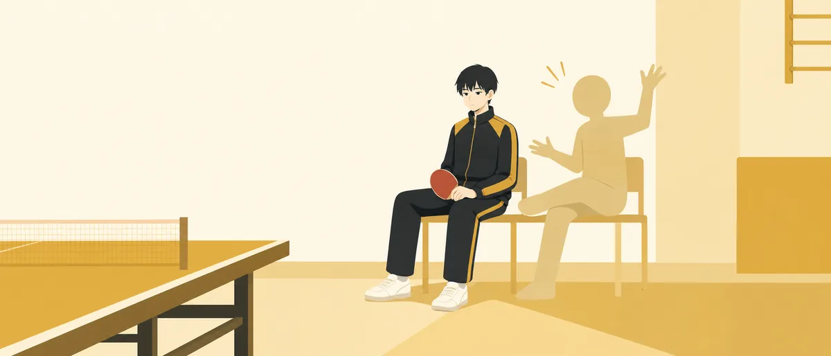 ISTP型の月本誠(巨匠)が、卓球場の隅で騒がしい幼馴染の隣に黙って座っている情景