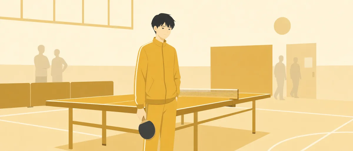 ISTP型の月本誠(巨匠)が、試合を終えた台の前でラケットを下ろし、わずかに口元を緩めている情景