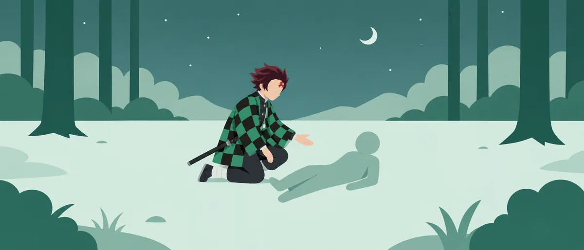 ENFJ型の竈門炭治郎（主人公）が、夜の林で膝をつき、横たわる相手のそばに手を差し伸べている情景
