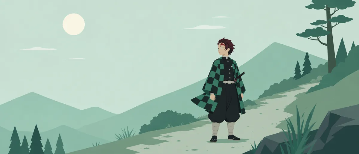 ENFJ型の竈門炭治郎（主人公）が、月明かりの山道で立ち止まり、風の吹いてくる方向へ顔を向けている情景