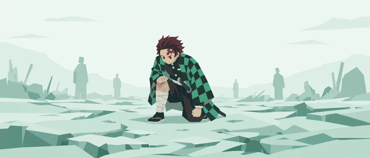 ENFJ型の竈門炭治郎（主人公）が、傷ついた膝を立て直し、拳を握って立ち上がろうとしている情景