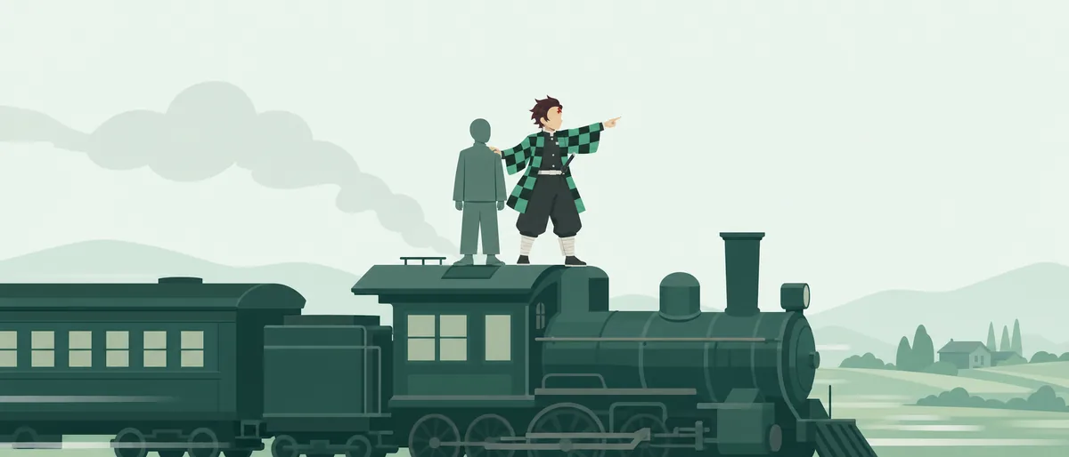 ENFJ型の竈門炭治郎（主人公）が、走る機関車の屋根で仲間の肩に手を置き、前方を指し示している情景