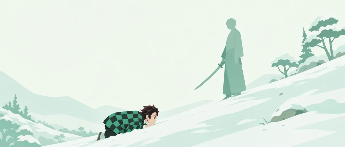 ENFJ型の竈門炭治郎（主人公）が、雪の積もった斜面で額を地につけ、刀を持つ男を見上げている情景