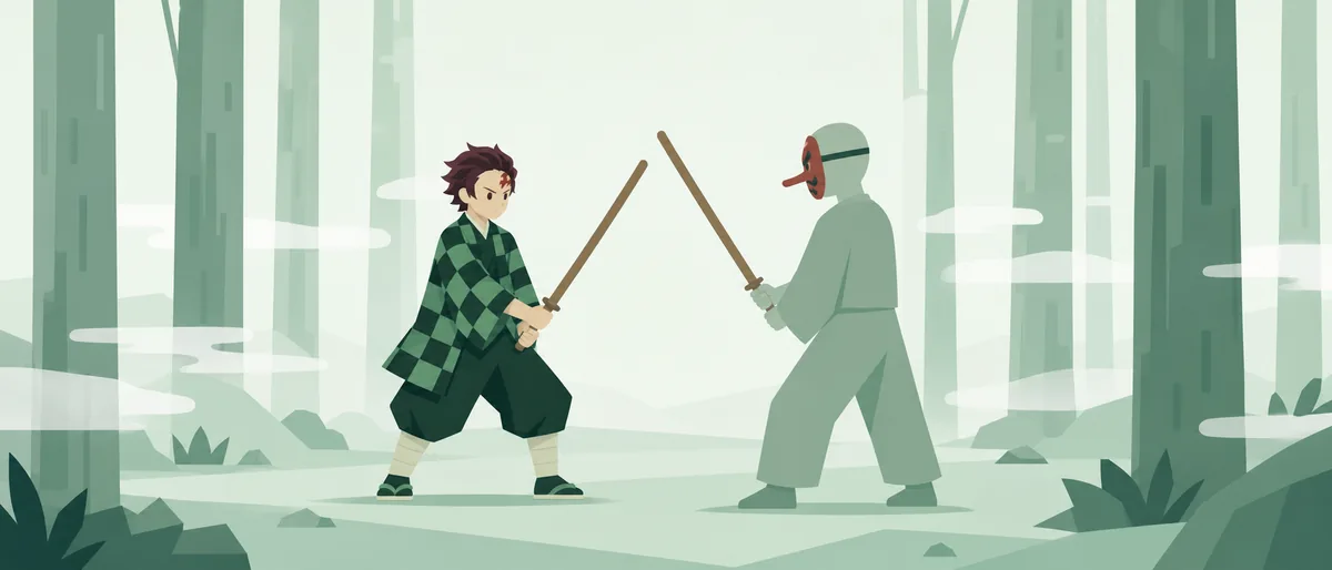 ENFJ型の竈門炭治郎（主人公）が、霧の立ちこめる杉林で天狗の面をつけた年長者と向かい合い、木刀を構え直している情景