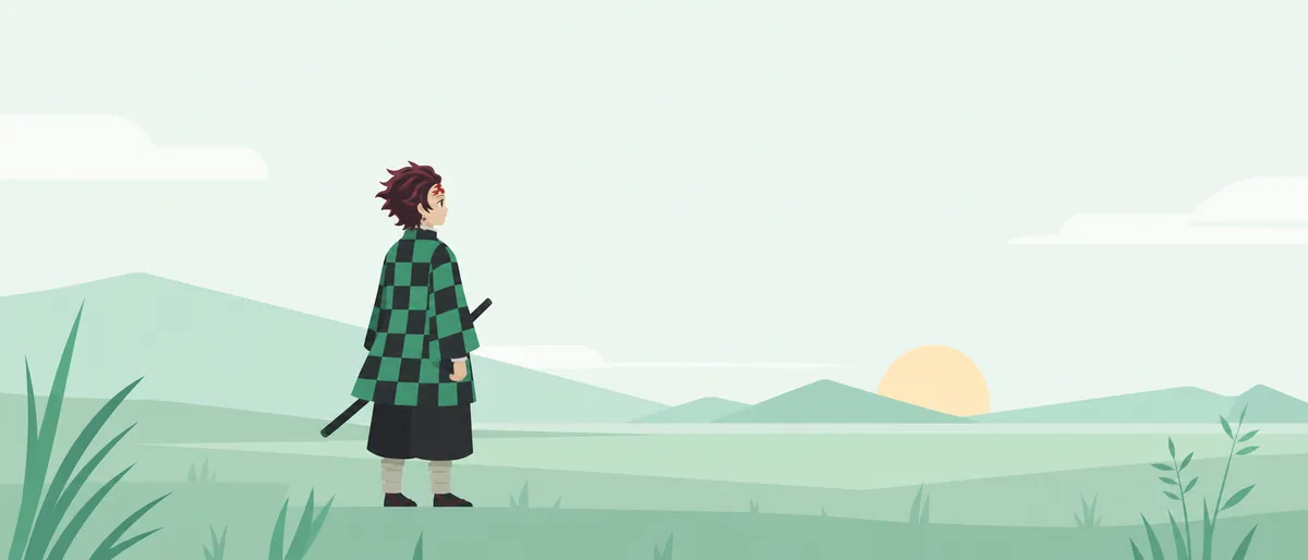 ENFJ型の竈門炭治郎（主人公）が、夜明けの野原に立ち、昇る朝日のほうへ顔を向けている情景